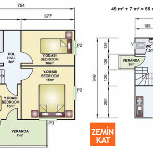114metrekare iki katli prefabrik ev plani